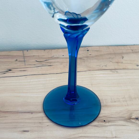 4 Libbey Blown Goblets Wine Glasses Domaine Blue Pedal Stem - Picture 7 of 9